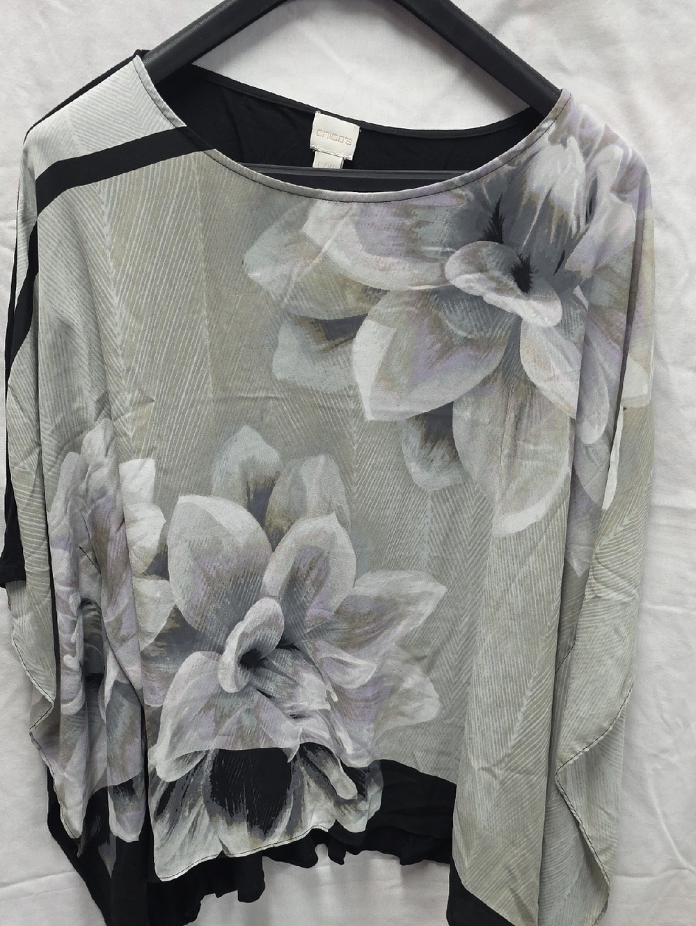 Chico's Gray Floral Draped Tunic with Black Accents